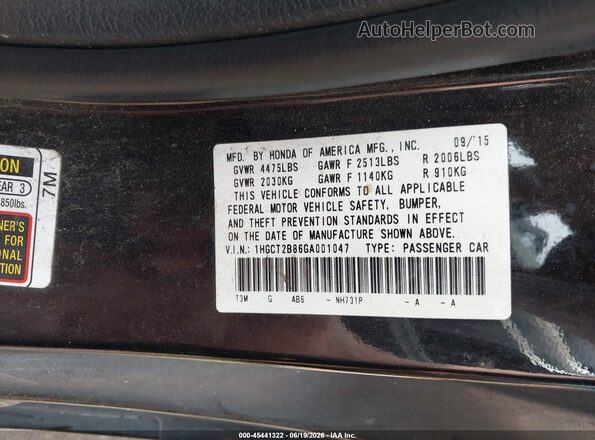 1HGCT2B86GA001047 2016 HONDA ACCORD Black Շարժիչի բաժամունքի տեսք