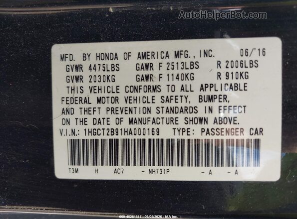 1HGCT2B91HA000169 2017 HONDA ACCORD Black Vista del compartimento del motor