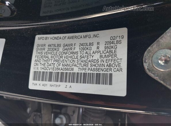 1HGCV1E35KA056036 2019 HONDA ACCORD Black Engine compartment view
