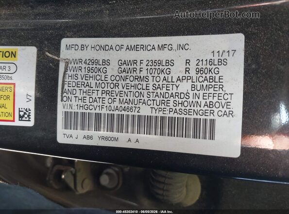 1HGCV1F10JA046672 2018 HONDA ACCORD Black Շարժիչի բաժամունքի տեսք