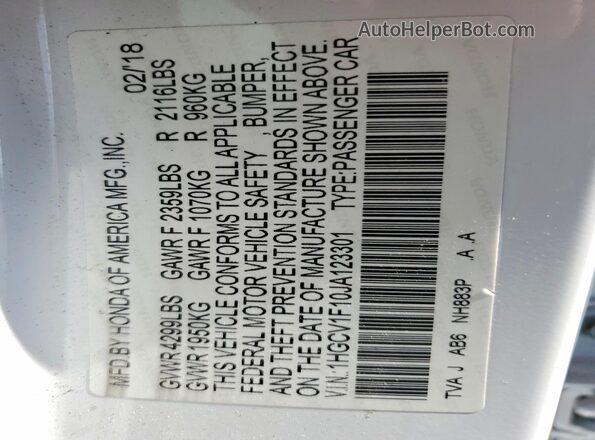1HGCV1F10JA123301 2018 HONDA ACCORD White Vista del compartimento del motor