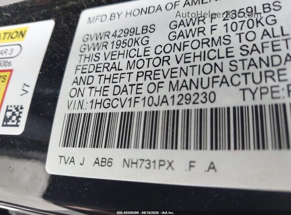 1HGCV1F10JA129230 2018 HONDA ACCORD Black Widok komory silnika