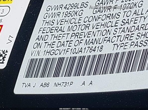 1HGCV1F10JA176418 2018 HONDA ACCORD Black ძრავის განყოფილების ხედი