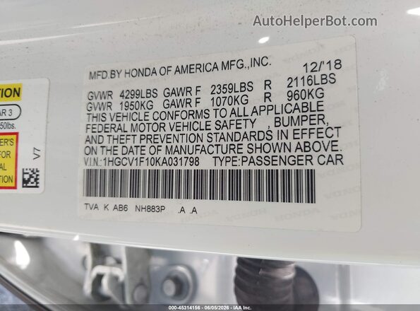 1HGCV1F10KA031798 2019 HONDA ACCORD White 