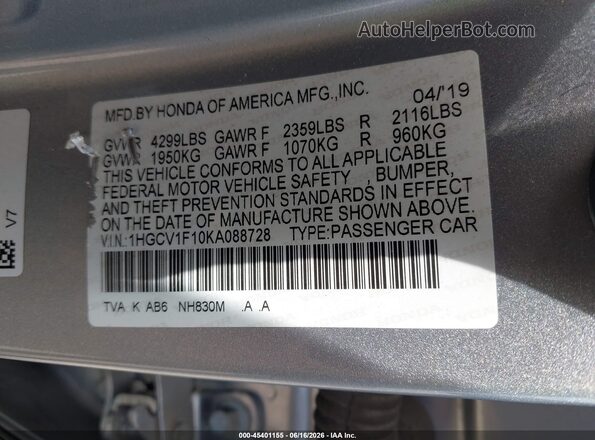 1HGCV1F10KA088728 2019 HONDA ACCORD Silver ძრავის განყოფილების ხედი
