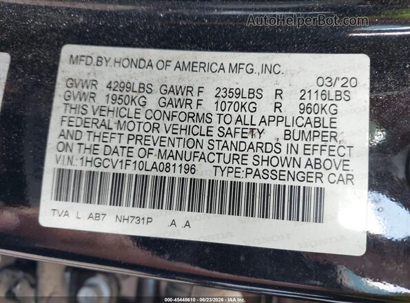 1HGCV1F10LA081196 2020 HONDA ACCORD Black Engine compartment view
