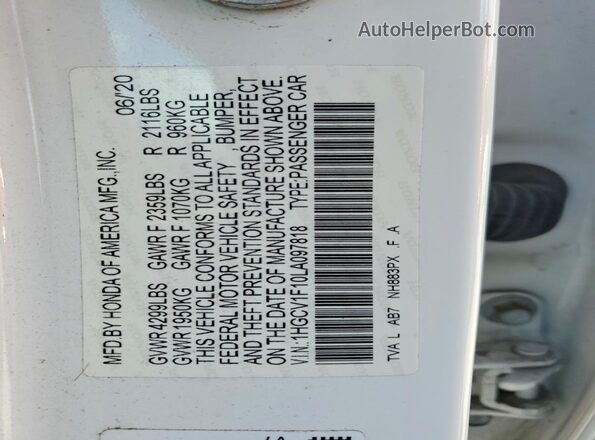 1HGCV1F10LA097818 2020 HONDA ACCORD White Vista de la etiqueta del VIN