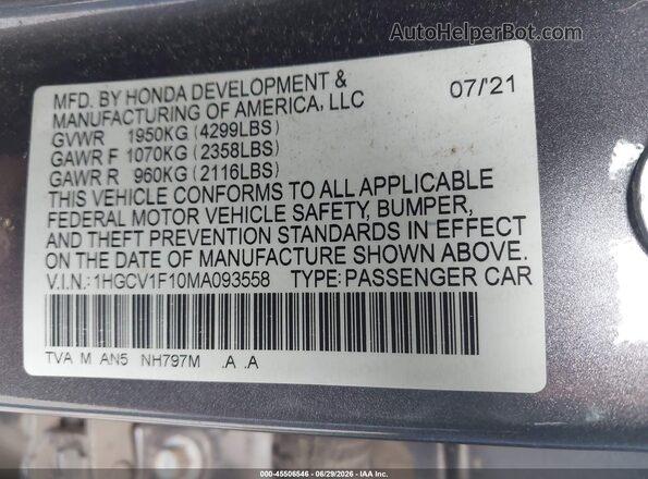 1HGCV1F10MA093558 2021 HONDA ACCORD Gray ძრავის განყოფილების ხედი