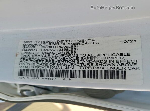 1HGCV1F10MA113842 2021 HONDA ACCORD White 