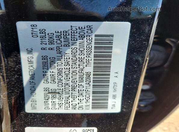 1HGCV1F11JA208485 2018 HONDA ACCORD Black VIN sticker view