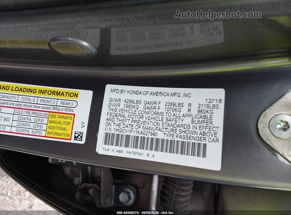 1HGCV1F11KA027940 2019 HONDA ACCORD Gray Вид підкапотного простору