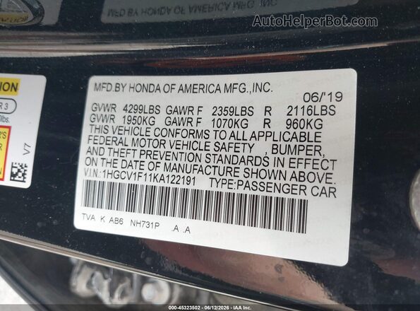 1HGCV1F11KA122191 2019 HONDA ACCORD Black Շարժիչի բաժամունքի տեսք