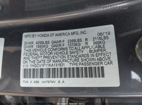 1HGCV1F11KA131831 2019 HONDA ACCORD Gray Widok komory silnika