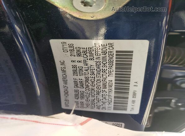 1HGCV1F11KA146314 2019 HONDA ACCORD Синий Вид подкапотного пространства