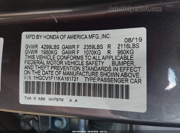 1HGCV1F11KA161721 2019 HONDA ACCORD Gray Vista del compartimento del motor