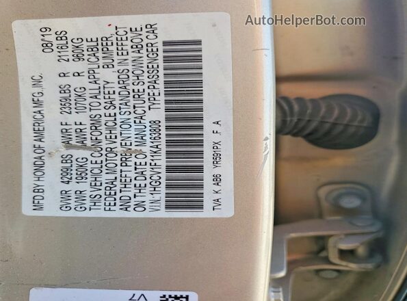 1HGCV1F11KA163808 2019 HONDA ACCORD Gold Вид наклейки з VIN-кодом