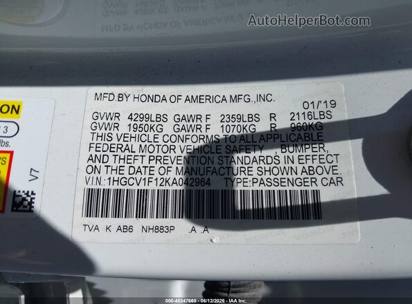 1HGCV1F12KA042964 2019 HONDA ACCORD White Widok komory silnika