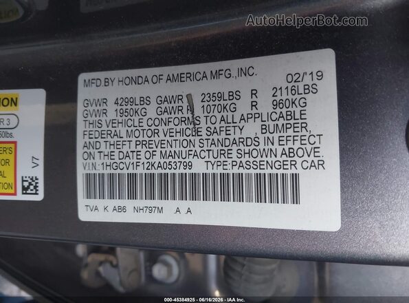 1HGCV1F12KA053799 2019 HONDA ACCORD Gray Engine compartment view