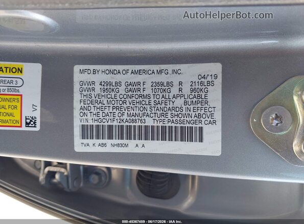 1HGCV1F12KA088763 2019 HONDA ACCORD Silver Widok komory silnika