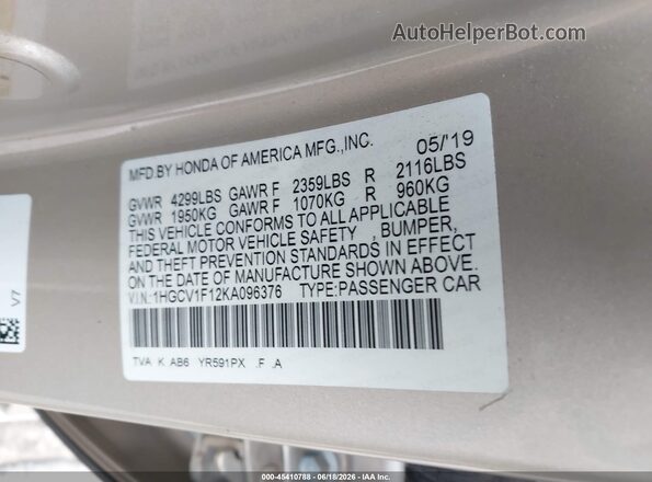 1HGCV1F12KA096376 2019 HONDA ACCORD Gold 