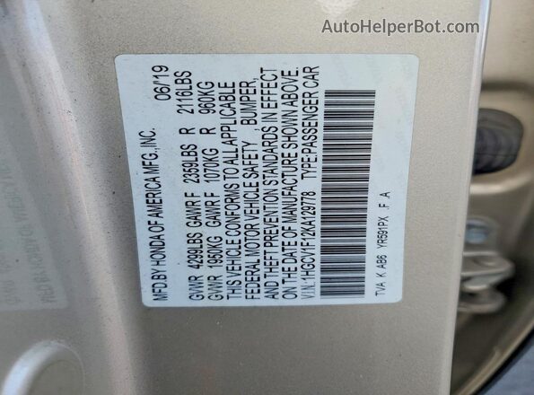 1HGCV1F12KA129778 2019 HONDA ACCORD Beige Вид наклейки з VIN-кодом