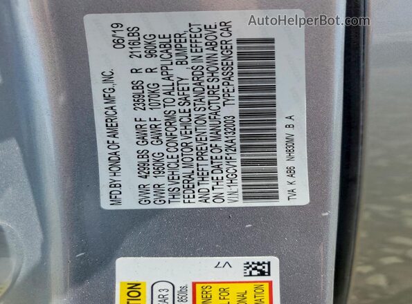 1HGCV1F12KA132003 2019 HONDA ACCORD Silver 