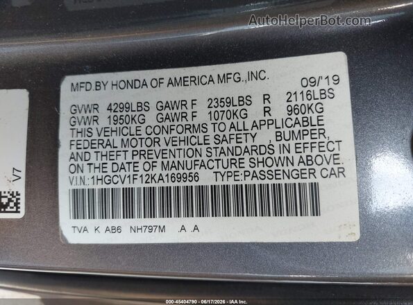1HGCV1F12KA169956 2019 HONDA ACCORD Gray Շարժիչի բաժամունքի տեսք