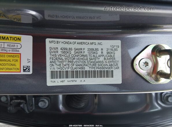 1HGCV1F12LA014583 2020 HONDA ACCORD Gray Engine compartment view
