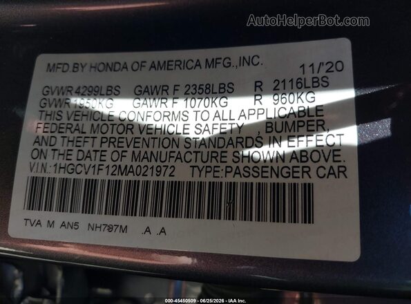 1HGCV1F12MA021972 2021 HONDA ACCORD Gray Вид підкапотного простору