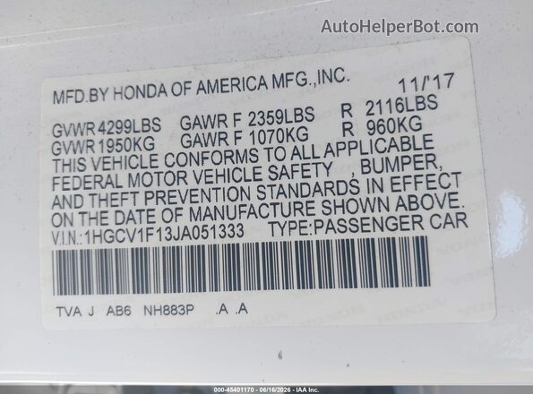 1HGCV1F13JA051333 2018 HONDA ACCORD White Vista del compartimento del motor