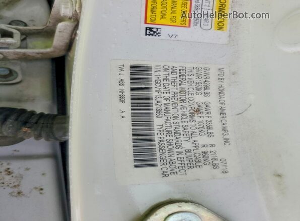1HGCV1F13JA213560 2018 HONDA ACCORD White Շարժիչի բաժամունքի տեսք