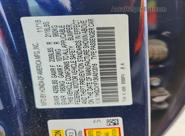 1HGCV1F13KA012016 2019 HONDA ACCORD Blue Vista de la etiqueta del VIN