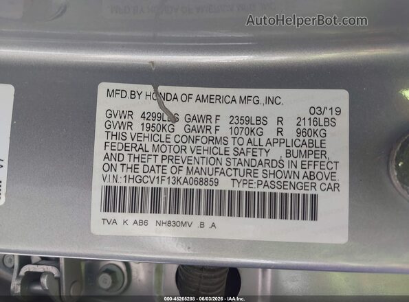 1HGCV1F13KA068859 2019 HONDA ACCORD Silver Engine compartment view