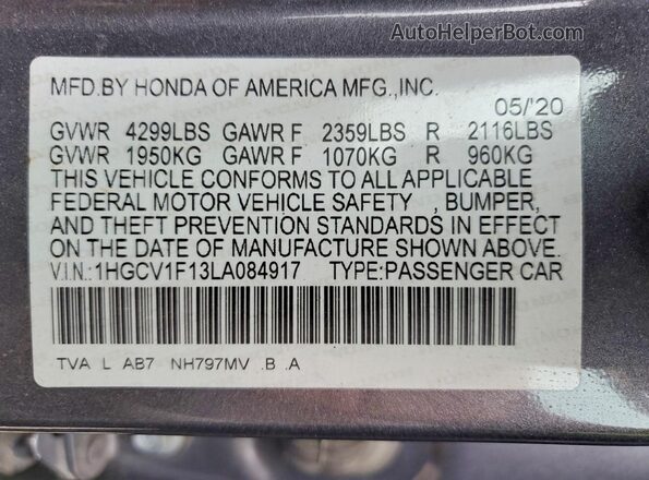 1HGCV1F13LA084917 2020 HONDA ACCORD Gray 