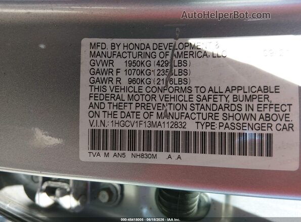 1HGCV1F13MA112832 2021 HONDA ACCORD Gray Widok komory silnika