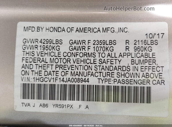 1HGCV1F14JA008944 2018 HONDA ACCORD Beige Շարժիչի բաժամունքի տեսք