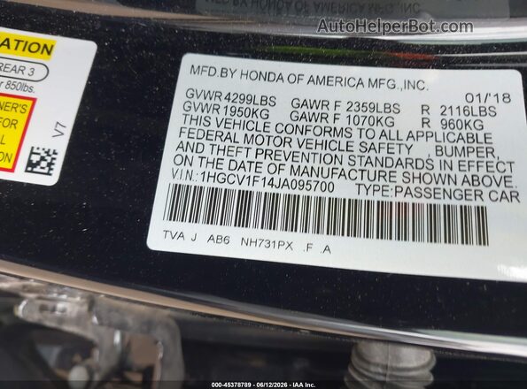 1HGCV1F14JA095700 2018 HONDA ACCORD Black Vista del compartimento del motor
