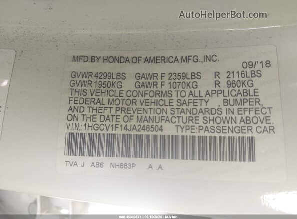 1HGCV1F14JA246504 2018 HONDA ACCORD Белый Вид подкапотного пространства