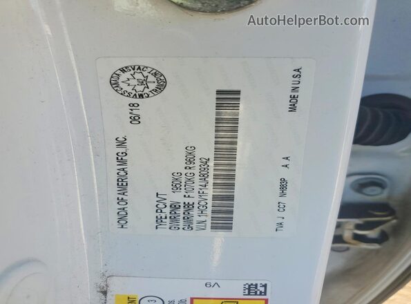 1HGCV1F14JA809342 2018 HONDA ACCORD White VIN კოდის სტიკერის ხედი