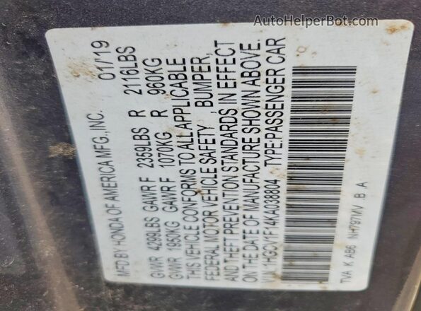 1HGCV1F14KA038804 2019 HONDA ACCORD Gray 