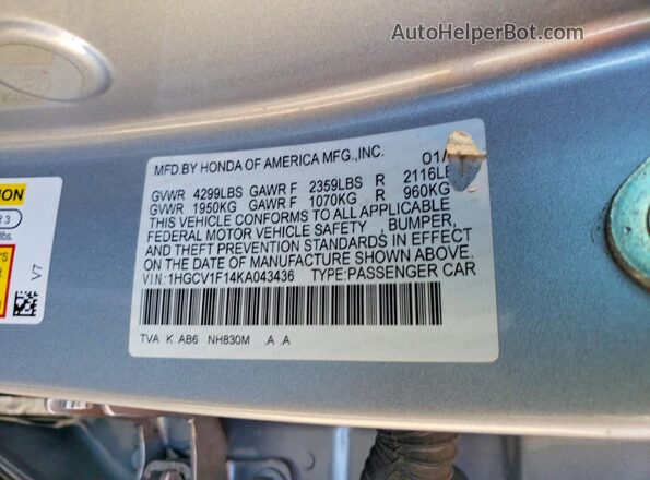 1HGCV1F14KA043436 2019 HONDA ACCORD Серебряный 