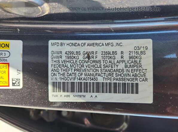 1HGCV1F14KA075450 2019 HONDA ACCORD Gray Widok komory silnika