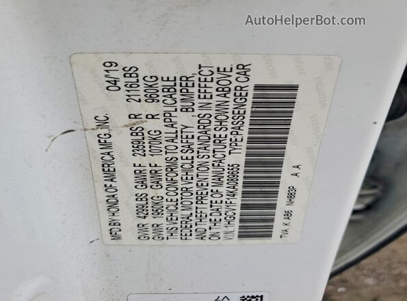 1HGCV1F14KA089655 2019 HONDA ACCORD Белый 