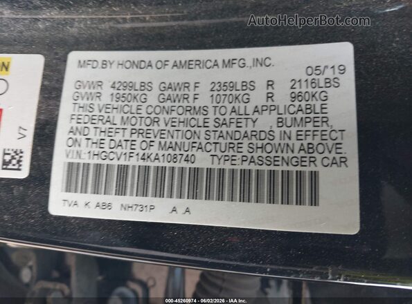 1HGCV1F14KA108740 2019 HONDA ACCORD Black Widok komory silnika