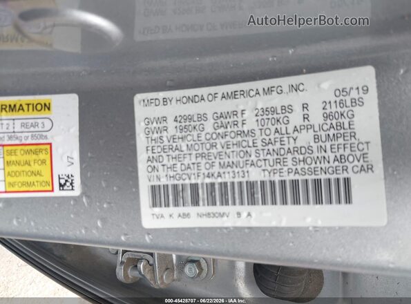 1HGCV1F14KA113131 2019 HONDA ACCORD Silver Շարժիչի բաժամունքի տեսք