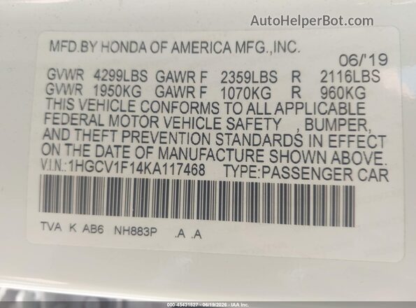 1HGCV1F14KA117468 2019 HONDA ACCORD White Вид підкапотного простору