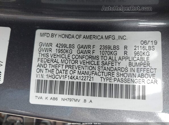 1HGCV1F14KA122721 2019 HONDA ACCORD Gray Widok komory silnika