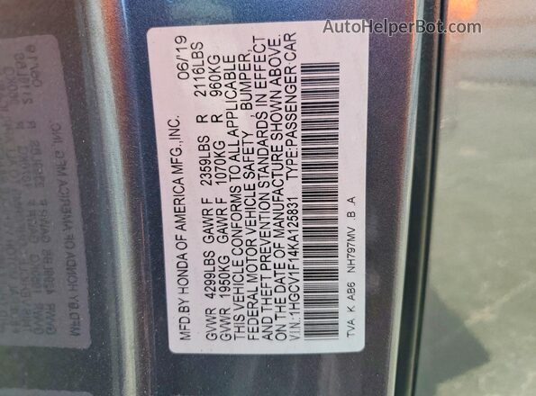 1HGCV1F14KA125831 2019 HONDA ACCORD Gray Widok komory silnika
