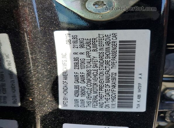 1HGCV1F14KA159722 2019 HONDA ACCORD Black Շարժիչի բաժամունքի տեսք