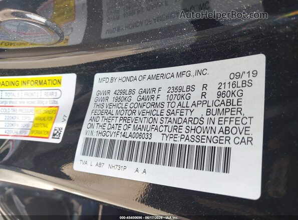 1HGCV1F14LA006033 2020 HONDA ACCORD Black Շարժիչի բաժամունքի տեսք